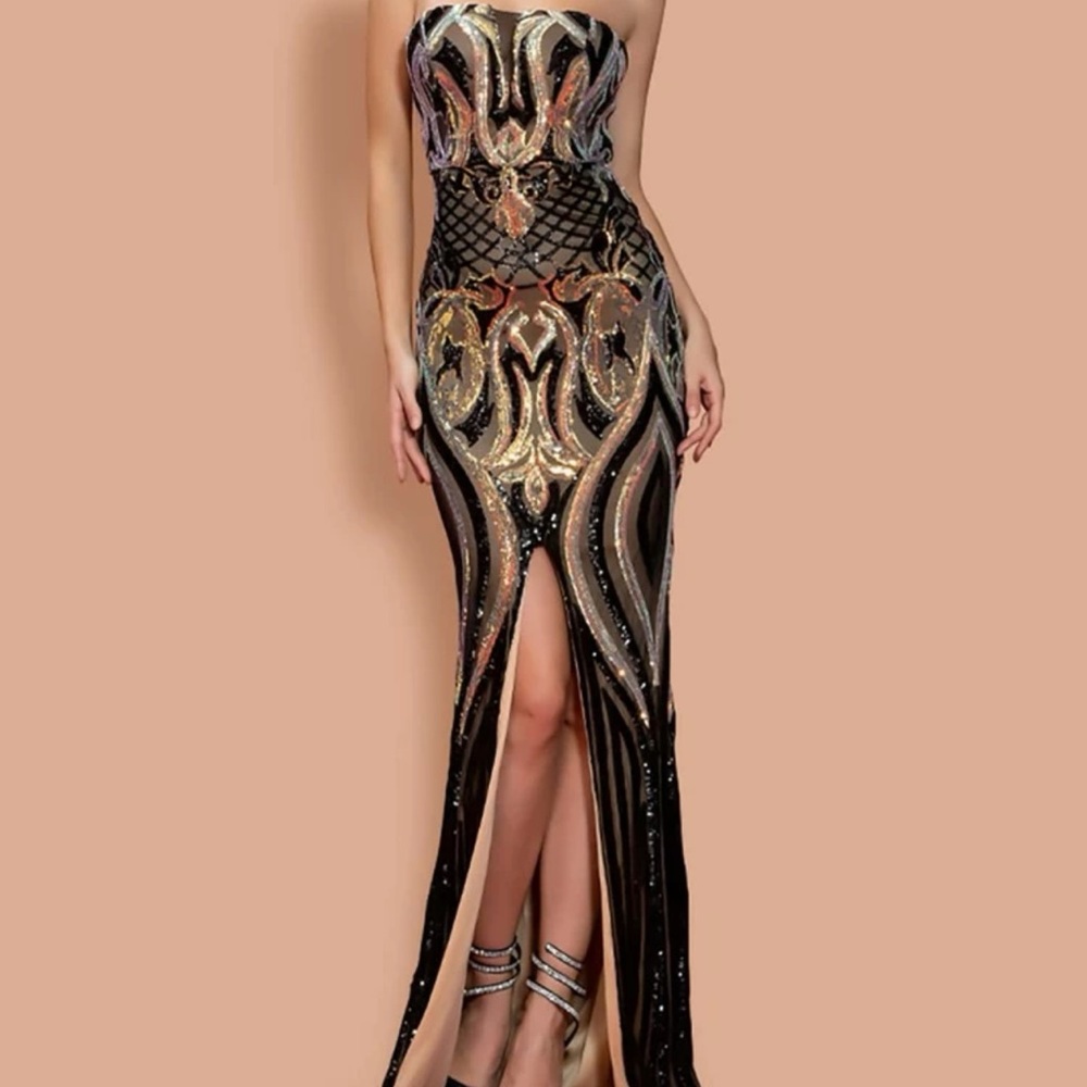 Split thigh geo sequin tube body con dress